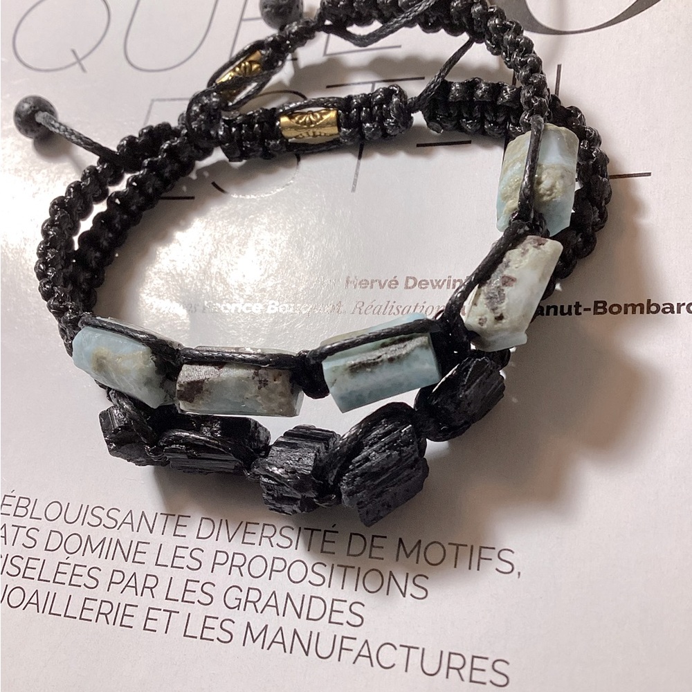 Braided Bracelets With Natural Larimar,Tourmaline Rough Stones